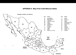 [ai] A black and white map of Mexico showing its states with numbered labels. The map includes geographical features such as the Gulf of Mexico and the Pacific Ocean, along with neighboring countries Belize and Guatemala.